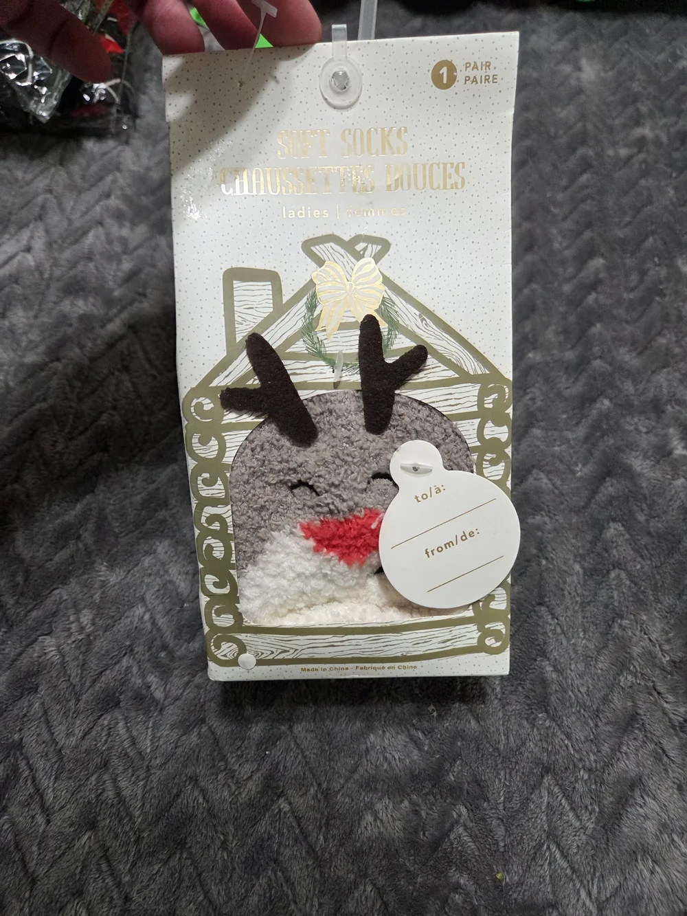 Cozy Reindeer Fuzzy Socks - Gray, White & Red